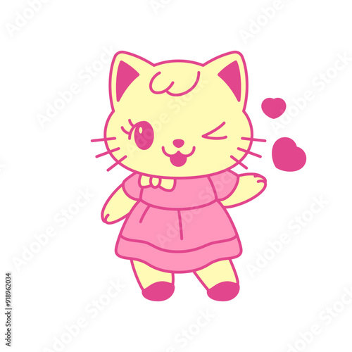 Y2k playful little Kawaii cat wink with heart love retro groovy icon vector flat illustration. Adorable feminine glamour girlish kitten in pink dress psychedelic contemporary pop art t shirt print
