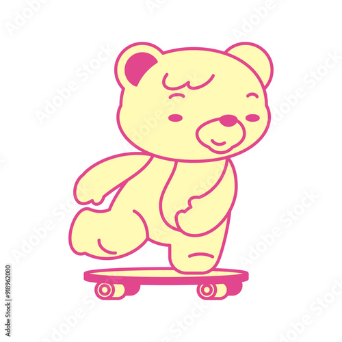 Y2k Kawaii bear toy riding on skateboard girlish retro groovy icon vector flat illustration. Psychedelic teddy funky cartoon character sport board skate rider surreal pop art t shirt print
