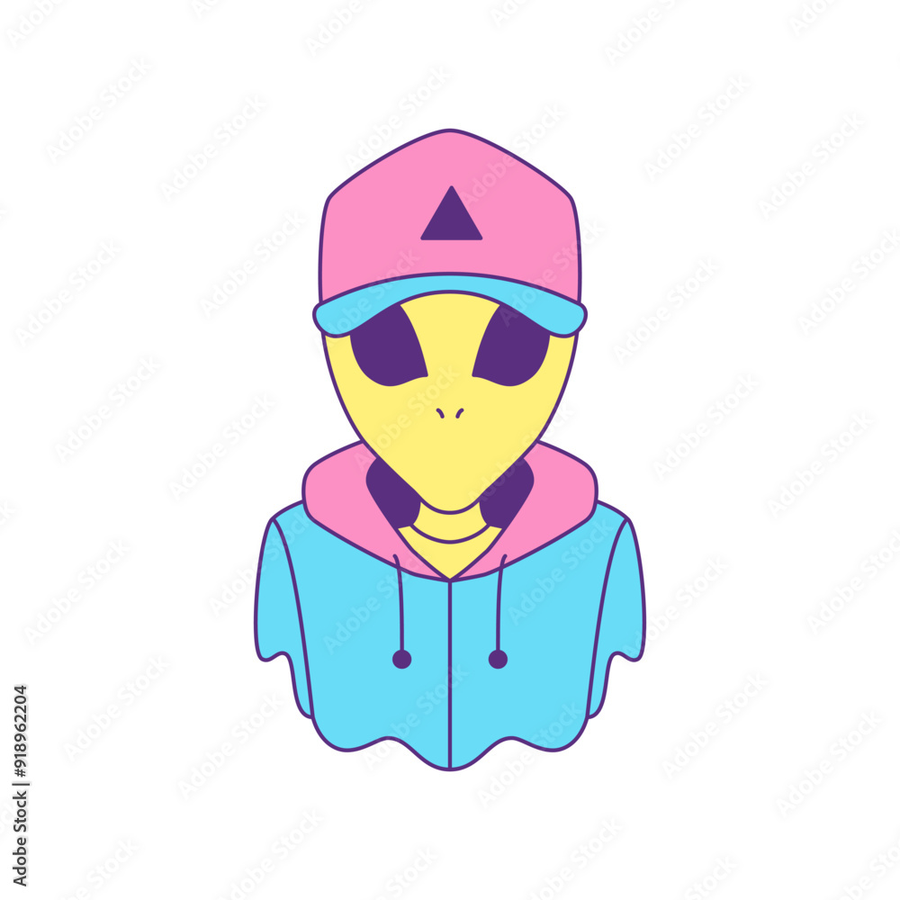 Y2k fashion alien street style teenager in cap and hoodie pop art icon vector flat illustration. Psychedelic UFO humanoid portrait in stylish trendy outfit surreal contemporary artwork t shirt print Y2k fashion alien street style teenager in cap and hoodie pop art icon vector flat illustration. Psychedelic UFO humanoid portrait in stylish trendy outfit surreal contemporary artwork t shirt print