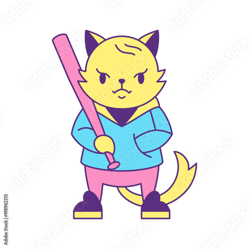 Y2k angry criminal fox street style with baseball bat groovy icon vector flat illustration. Aggressive hooligan animal cartoon character fighter comic psychedelic trendy pop art t shirt print