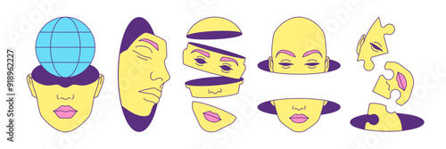 Y2k futuristic human heads section psychedelic blue vector illustrations set. Surreal persons abstract geometric contemporary pop art elements for stickers, prints and t-shirt designs