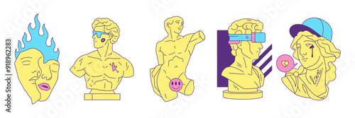 Y2k antique Greek statues busts surreal monuments pop art vector illustrations set. Psychedelic neo gothic fashion god goddess sculptures contemporary elements for stickers, prints and t-shirt designs