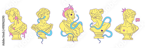 Y2k Greek god goddess gypsum busts contemporary pop art outline vector flat illustrations set. Psychedelic historical head monuments ancient statues elements for stickers, prints and t-shirt designs