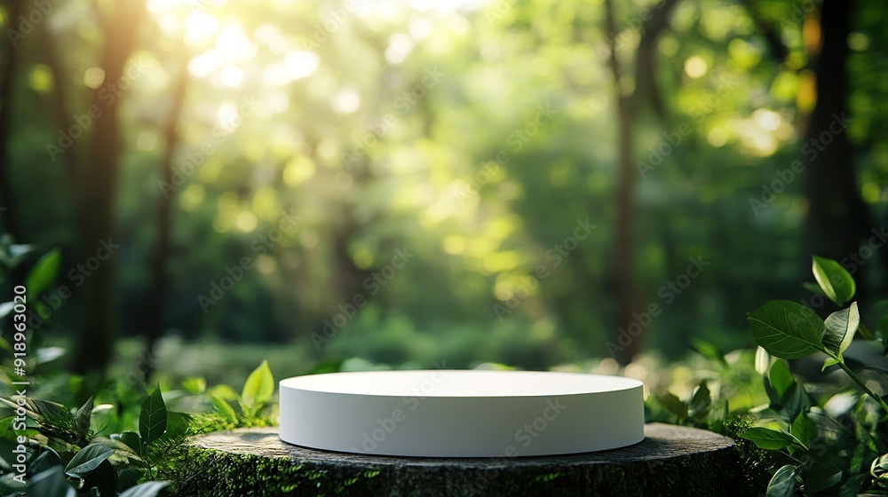 White Circular Platform on a Tree Stump in a Forest White Circular Platform on a Tree Stump in a Forest