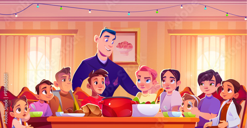 Family dinner or teenager friends party at home room interior. Cartoon vector of funny happy smiling and confused teen boys and girls, adult man father standing near table with utensils and food.