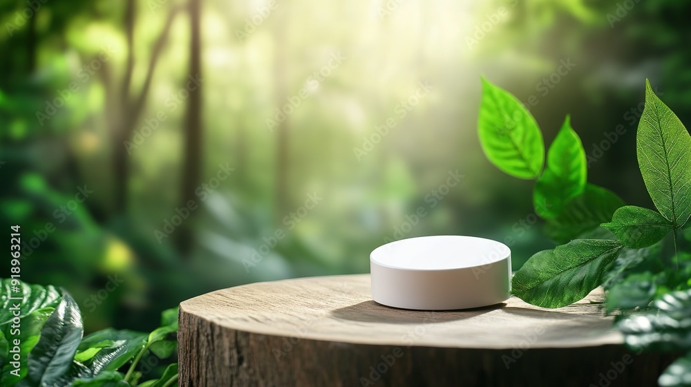 White Cylinder on Tree Stump in a Green Forest Setting White Cylinder on Tree Stump in a Green Forest Setting