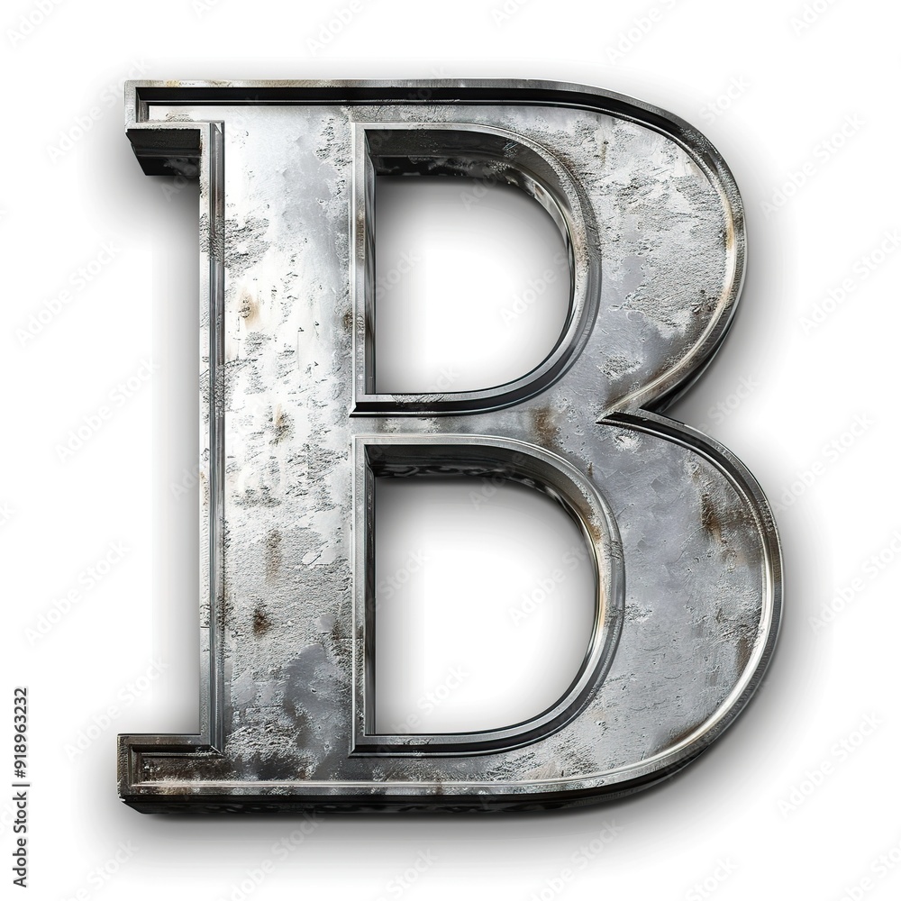 Metal letter B uppercase. 3D font on white background.