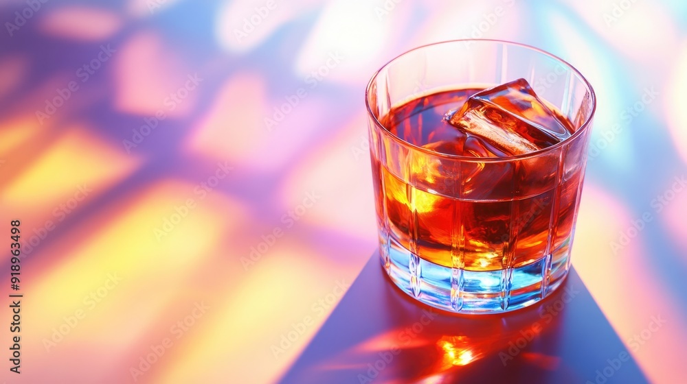 A close-up of a Sazerac cocktail with bourbon and absinthe, on a pastel backdrop, with hard shadows creating an artistic effect. A close-up of a Sazerac cocktail with bourbon and absinthe, on a pastel backdrop, with hard shadows creating an artistic effect.