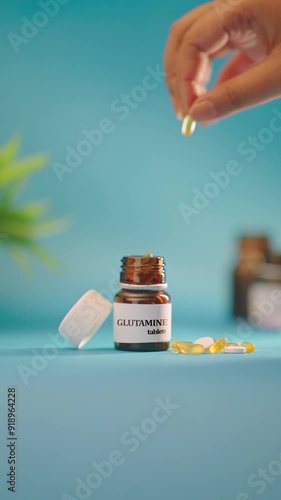 VERTICAL VIDEO OF HAND TAKING OUT GLUTAMINE TABLETS FROM MEDICINE BOTTLE