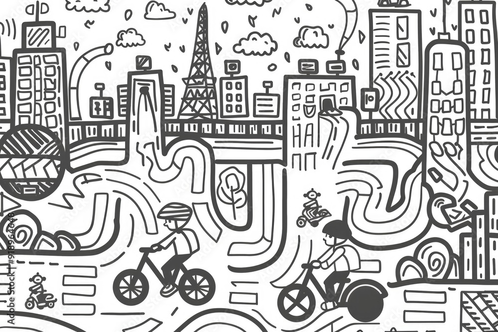 Obraz premium A black and white illustration of an urban landscape, perfect for use in editorial or design contexts