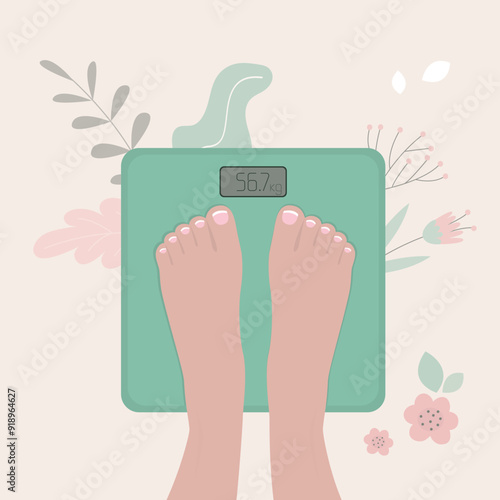 Woman standing on weight scales. Concept of diet and obesity. Keep healthy lifestyle. Fat control. female legs on floor scales. Weight watcher. Problem of excess weight.