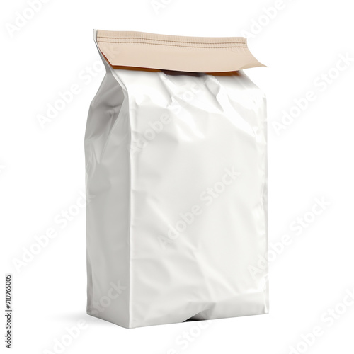 Plain white vacuum-sealed food package isolated on transparent background with a beige closure. Concepts of packaging, food storage, and minimalist design.