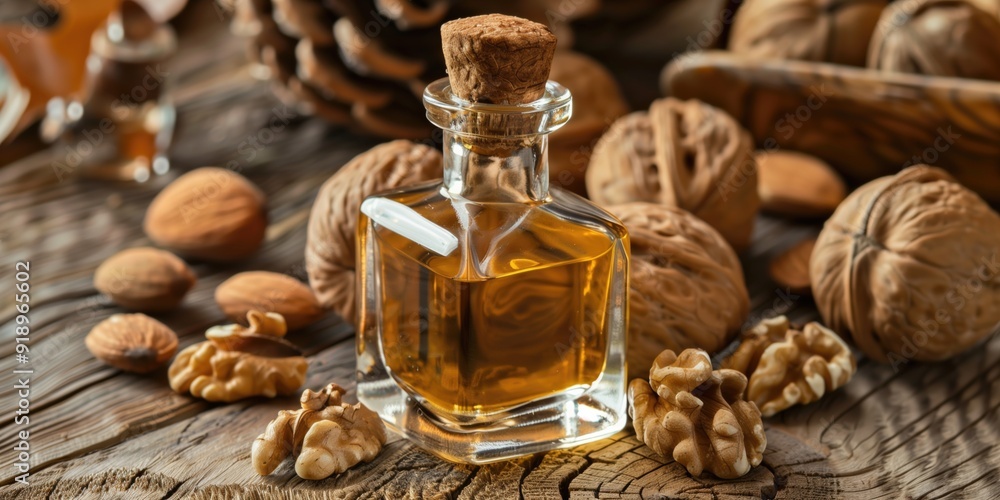 Glass bottle filled with walnut oil surrounded by whole walnuts and pinecones on rustic wooden surface. Culinary and health concepts, use in cooking and natural remedies. Glass bottle filled with walnut oil surrounded by whole walnuts and pinecones on rustic wooden surface. Culinary and health concepts, use in cooking and natural remedies.