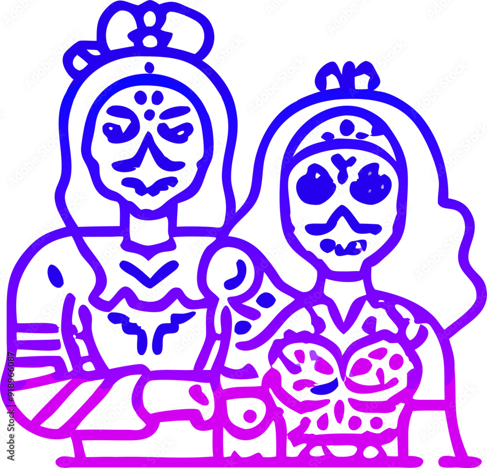 women with sugar skull makeup at dia de los muertos procession, icon outline gradient women with sugar skull makeup at dia de los muertos procession, icon outline gradient