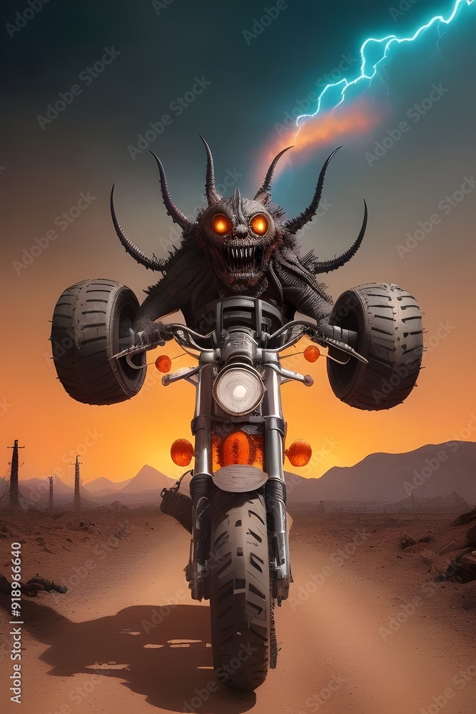 a devil monster riding an unbranded motorcycle, horns, flames, leather jacket, fire, speed, darkness, night, chains, red skin, tail, glowing eyes, spikes, engine, asphalt, smoke, power, rebellion a devil monster riding an unbranded motorcycle, horns, flames, leather jacket, fire, speed, darkness, night, chains, red skin, tail, glowing eyes, spikes, engine, asphalt, smoke, power, rebellion