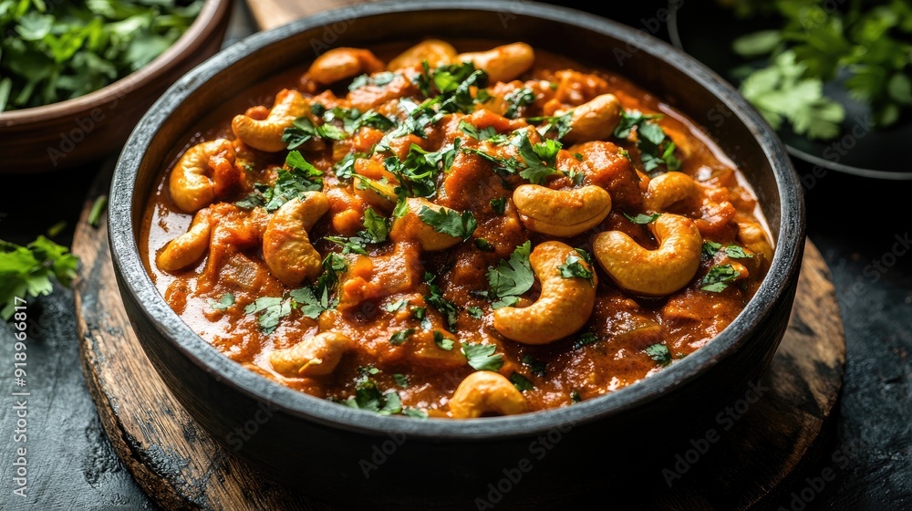 A delicious bowl of kaju masala, an Indian cashew curry, garnished with fresh herbs, perfect for a flavorful meal. A delicious bowl of kaju masala, an Indian cashew curry, garnished with fresh herbs, perfect for a flavorful meal.