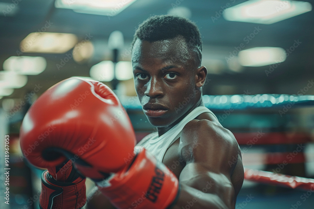 Portrait of a black boxer wearing red boxing gloves in a cinematic style. Generated by artificial intelligence Portrait of a black boxer wearing red boxing gloves in a cinematic style. Generated by artificial intelligence