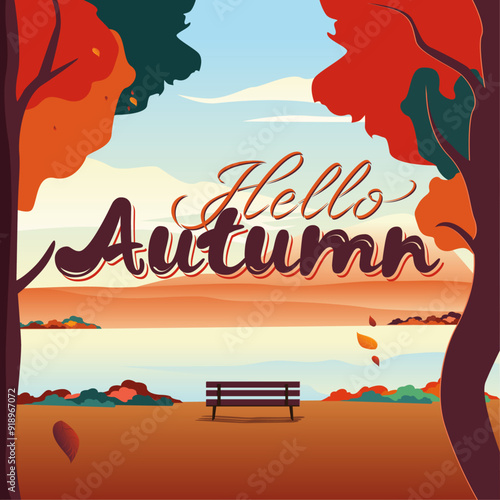 Hello Autumn typography poster with natural background.