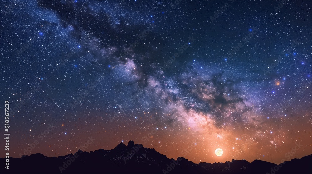 A night sky filled with stars and a bright full moon, with a mountain range silhouetted against the horizon. A night sky filled with stars and a bright full moon, with a mountain range silhouetted against the horizon.
