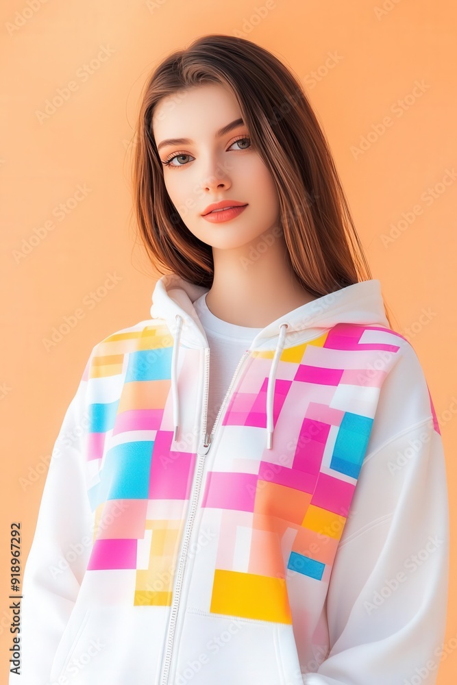 Young woman in colorful hoodie poses against an orange backdrop during a sunny day Young woman in colorful hoodie poses against an orange backdrop during a sunny day