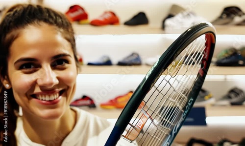 Close-up video of enthusiastic woman showcasing premium tennis racket in sporting goods store