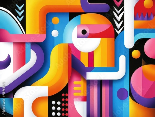 Vibrant abstract composition with geometric shapes and colors against a dark backdrop