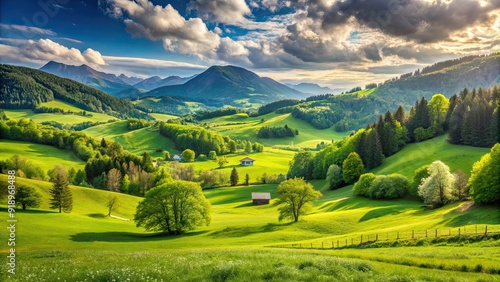 Fototapeta Naklejka Na Ścianę i Meble -  Breathtaking early summer scene with verdant meadows in the valley, offering panoramic serenity, early summer, tranquility