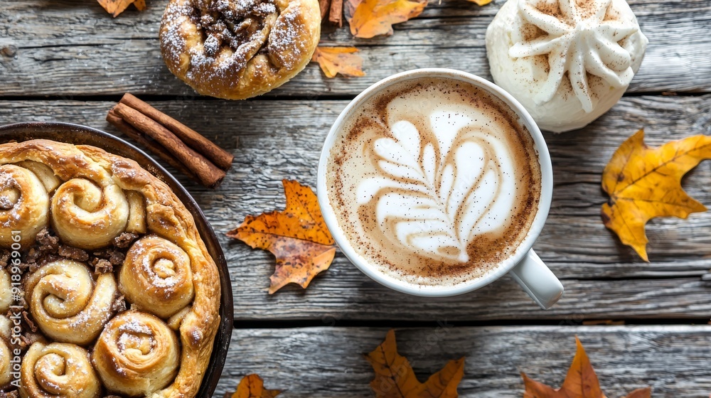 Fall Drinks and Foods: A cozy scene featuring a steaming cup of pumpkin spice latte Fall Drinks and Foods: A cozy scene featuring a steaming cup of pumpkin spice latte