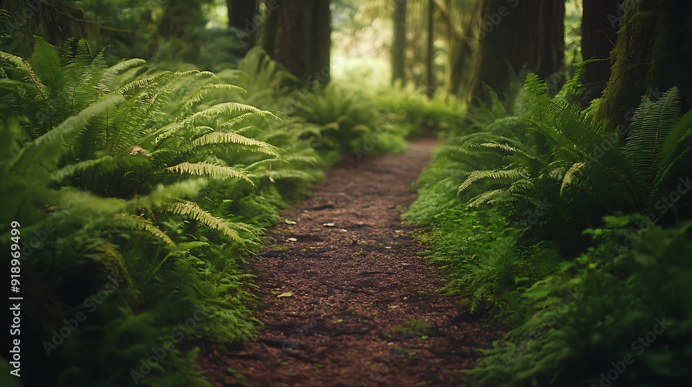 Sun-dappled path winds through emerald green woods, inviting peaceful walk Sun-dappled path winds through emerald green woods, inviting peaceful walk