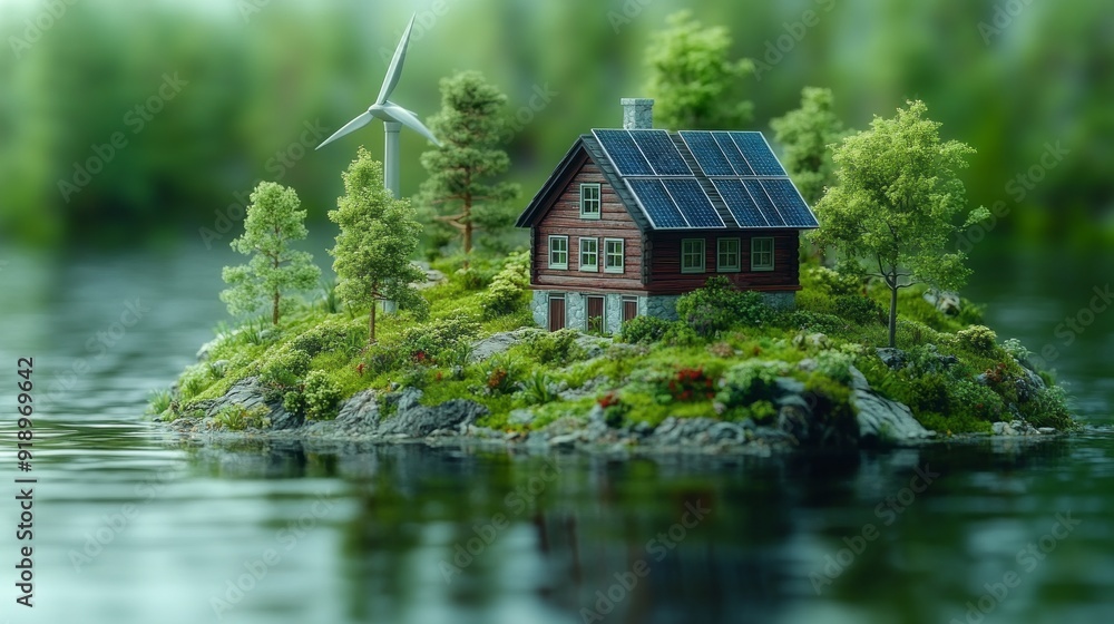 Obraz premium A small house is built on a small island in a lake