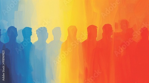 This image portrays silhouetted figures transitioning from blue to yellow to red, representing themes of diversity and unity with abstract and colorful design elements.