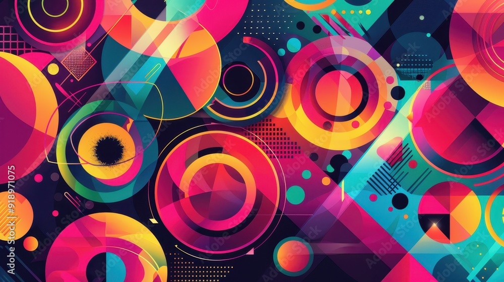 Obraz premium Colorful circles and geometric shapes create an intricate abstract design against a dark backdrop