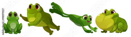 Cute frog cartoon character sitting and jumping. Green toad in different poses. Vector illustration set of funny friendly smiling pond animal. Childish happy swamp creature. Amphibian mascot.