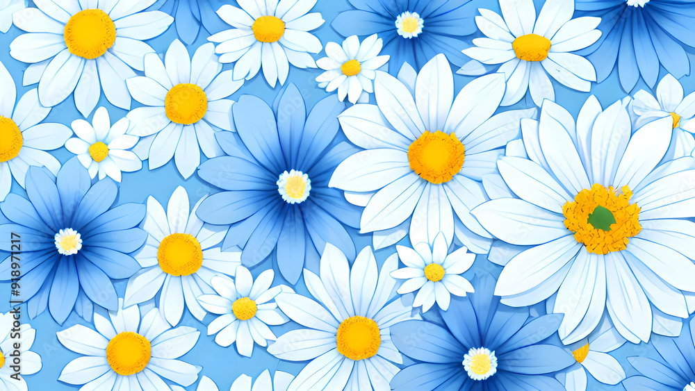 Seamless pattern with delicate chamomile flowers on blue and white background, Watercolor illustrations Seamless pattern with delicate chamomile flowers on blue and white background, Watercolor illustrations