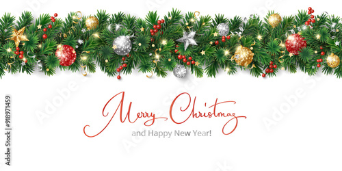 Christmas holiday background. Christmas tree garland with ornaments, stars. Gold and silver glitter decoration. Merry Christmas hand written text. For winter holiday headers, banners, party posters.