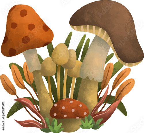 vector illustration of colorful garden, grass, flower, bush, mushroom tree asset for beautiful landscape background