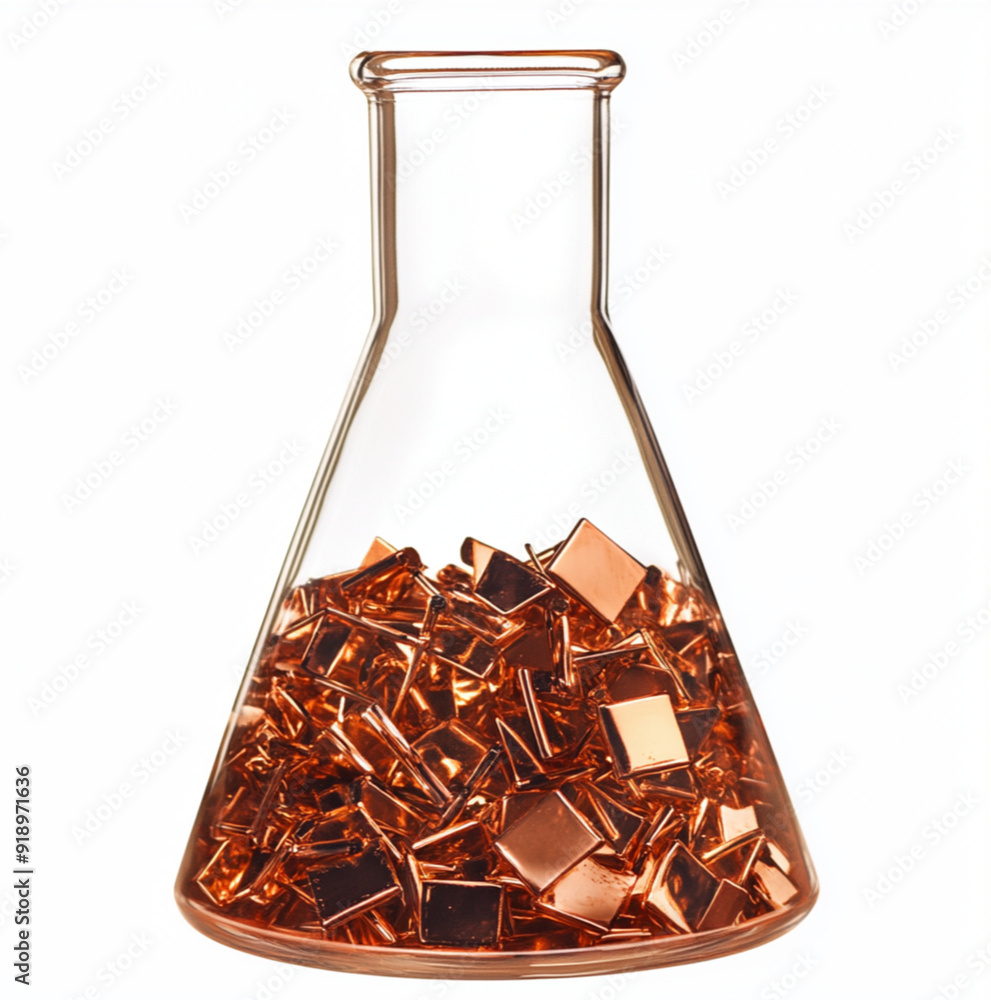 vibrant image of a beaker with copper metal pieces inside transparent white background vibrant image of a beaker with copper metal pieces inside transparent white background