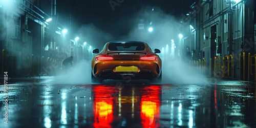 A black car in a dark foggy room