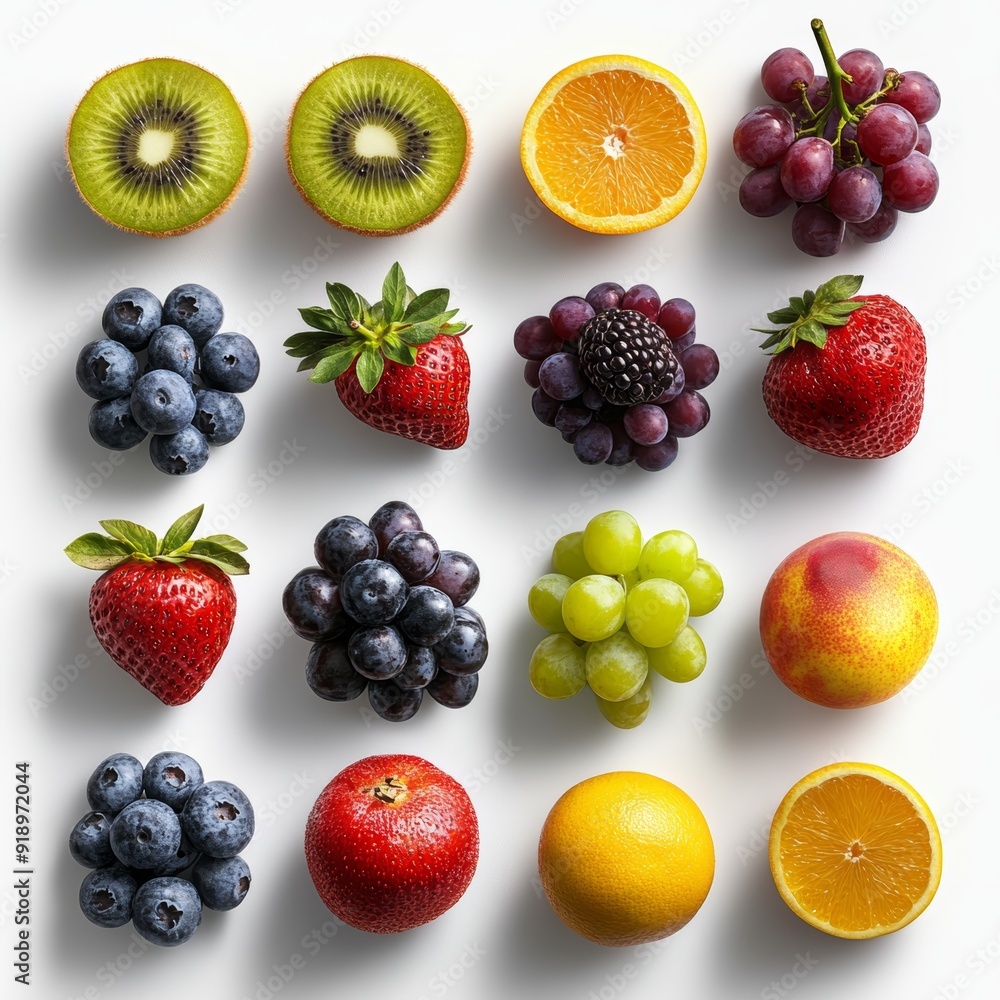 A vibrant arrangement of fresh fruits, including kiwi, orange, grapes, blueberries, strawberries, blackberries, and peaches, against a white background. A vibrant arrangement of fresh fruits, including kiwi, orange, grapes, blueberries, strawberries, blackberries, and peaches, against a white background.