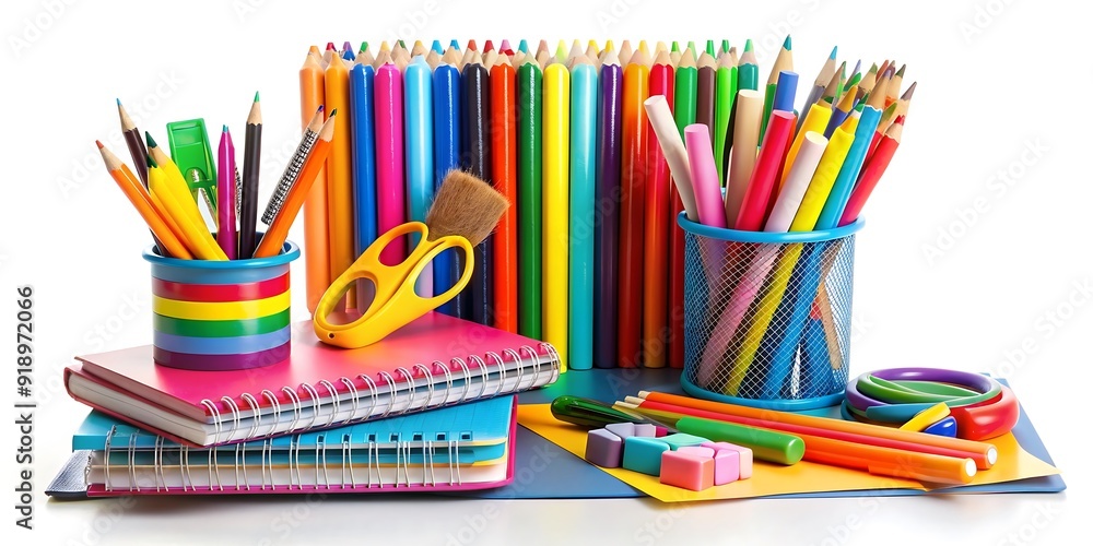 A collection of colorful pencils are on a table with a blue background A collection of colorful pencils are on a table with a blue background