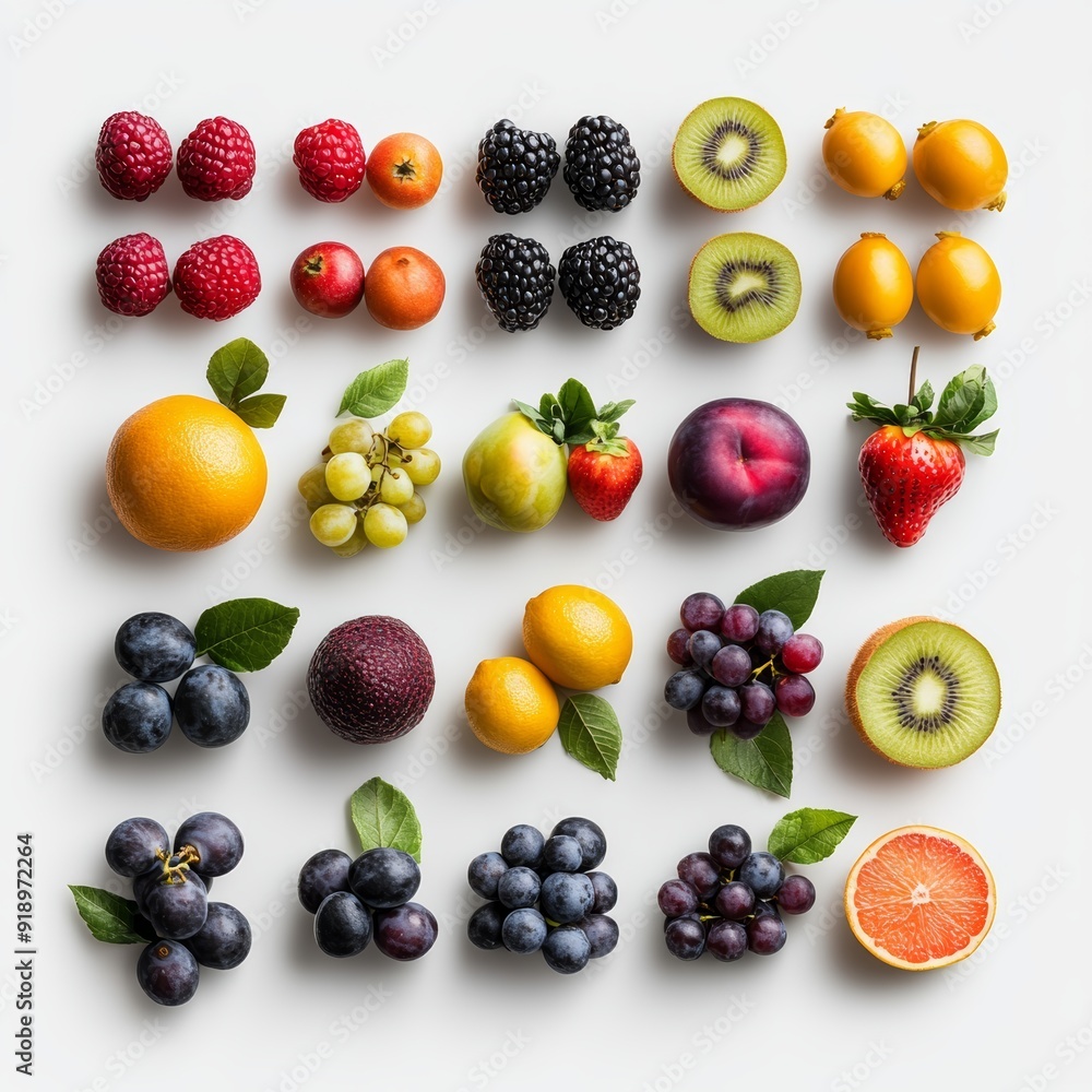 Assortment of fresh fruits arranged in a grid pattern on a white background. Assortment of fresh fruits arranged in a grid pattern on a white background.