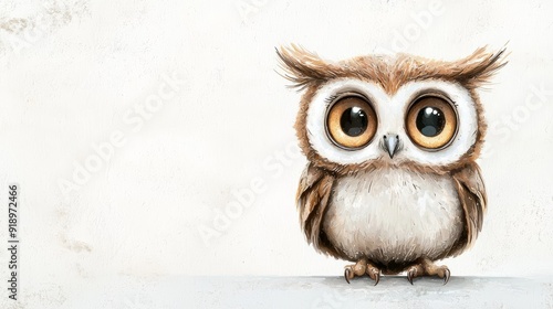 A cute, cartoon owl with big eyes and brown feathers stands on a white background.