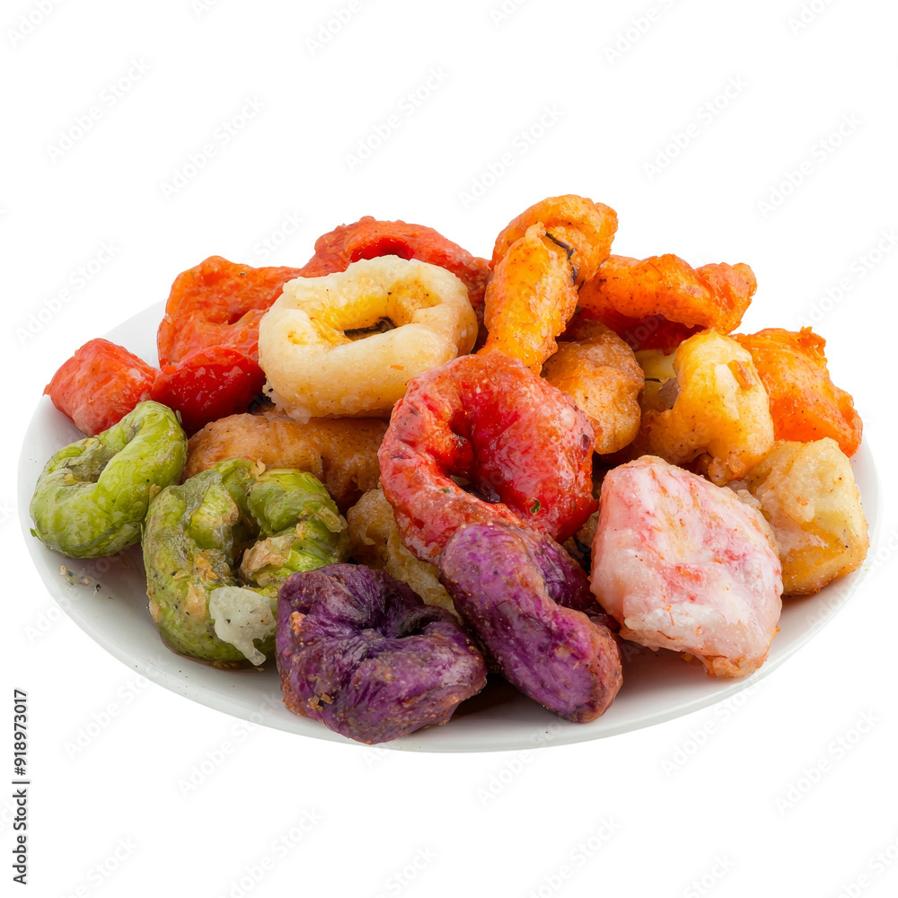 Colorful Isolated Fried Battered Vegetables on a Plate No Background. Colorful Isolated Fried Battered Vegetables on a Plate No Background.