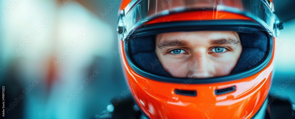 Close-up of race car driver's eyes in an orange helmet, representing focus, determination, and the thrill of motorsports. Close-up of race car driver's eyes in an orange helmet, representing focus, determination, and the thrill of motorsports.