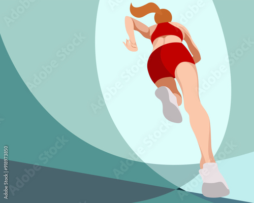 vector poster slim girl in sportswear (shorts and sports bra) runs. running view from below. angle from below. view from below. isolated on abstract background. woman runs. morning jog. jogging.
