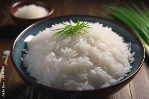 A bowl of steaming rice looking appetizing, horizontal composition