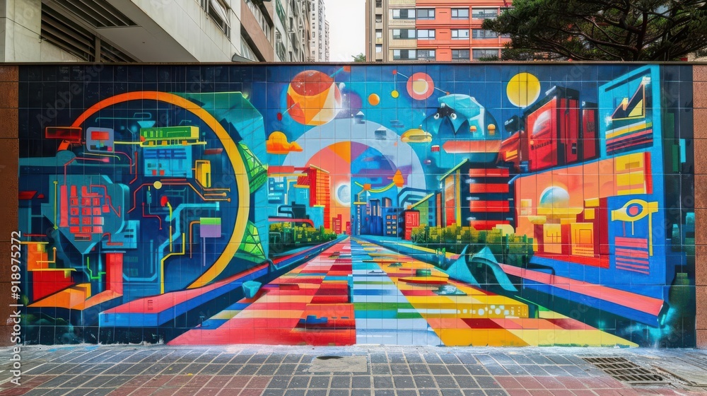 Fototapeta premium Capture a vivid street art mural depicting financial trends in a utopian setting from an eye-level angle, blending realism and creativity effortlessly
