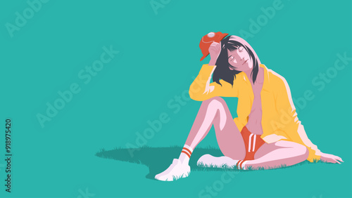 a young woman sitting on the grass, leaning slightly back with one hand holding her red cap