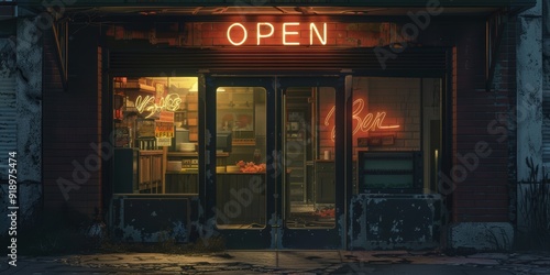 Nighttime Shop with Neon Signs