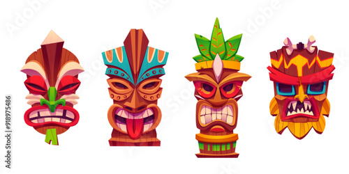 Traditional Hawaiian totem tiki mask collection. Cartoon vector illustration set of wooden tribal culture statue head with tropical leaves decorations. Face emotions with eyes, teeth and tongue.